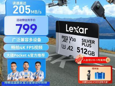 雷克沙 512GB TF存储卡 V30 4K 读205MB/s 高速MicroSD卡 京东自营限时特惠799元